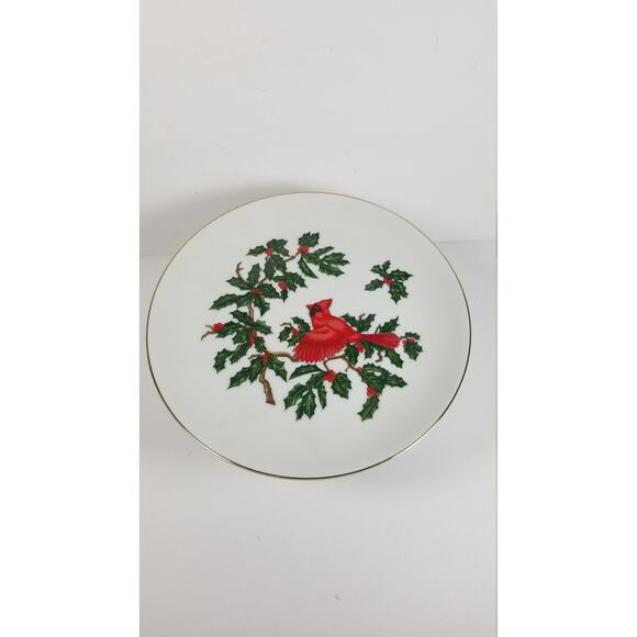 Vintage Lefton Red Cardinal Christmas Cake Plate, Footed Pedestal, 1252 - Picture 2 of 4